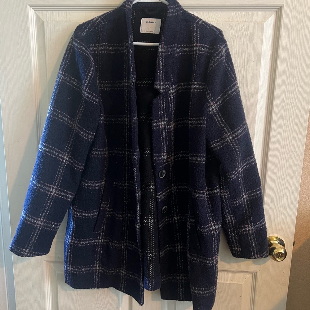 Old Navy Women's Navy Plaid Pea Coat